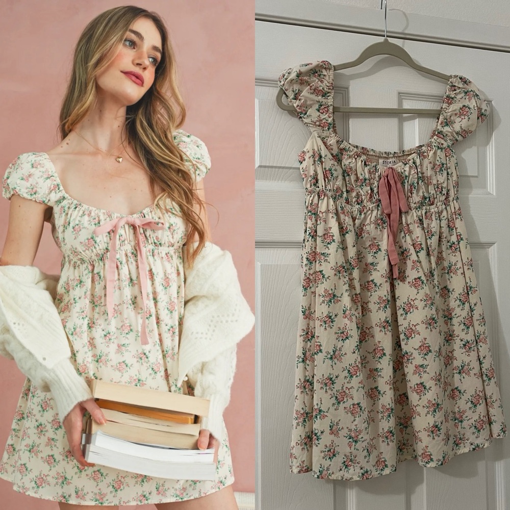 NWOT Breath Of Youth Storia Cream Floral Mini Dress With Pink Flowers